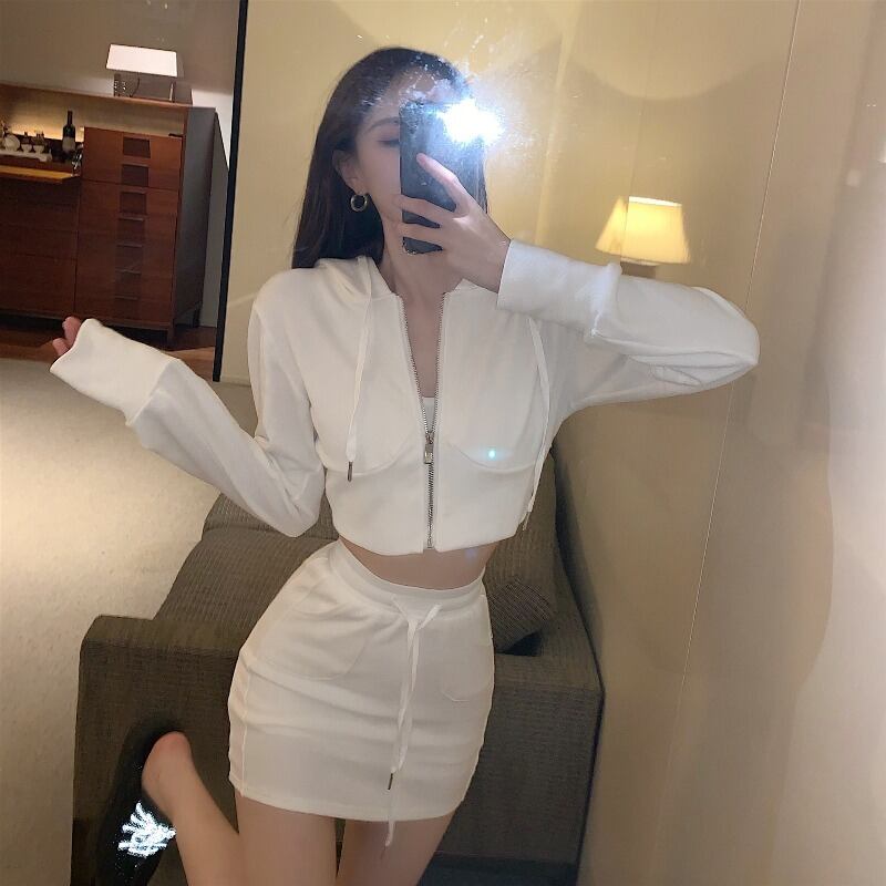 セーター レディーススリムホワイトフードトップス スプリングショートジッパーカーディガンジャケット 春物 ブラックストロベリース23459188954