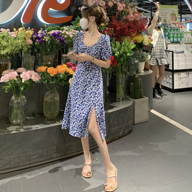 ドレス 薄手サマーウェストスリーブフローラルスカート 大人ガーリー スウィート キュート カジュアル 夏物 花柄 1号婦人5175940860