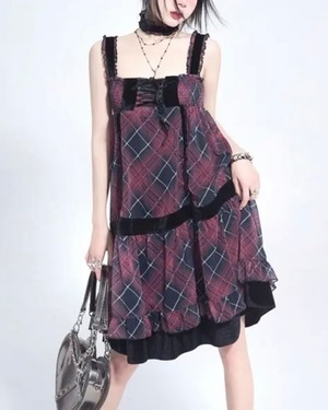 【予約】red check frill choker black line one-piece dress