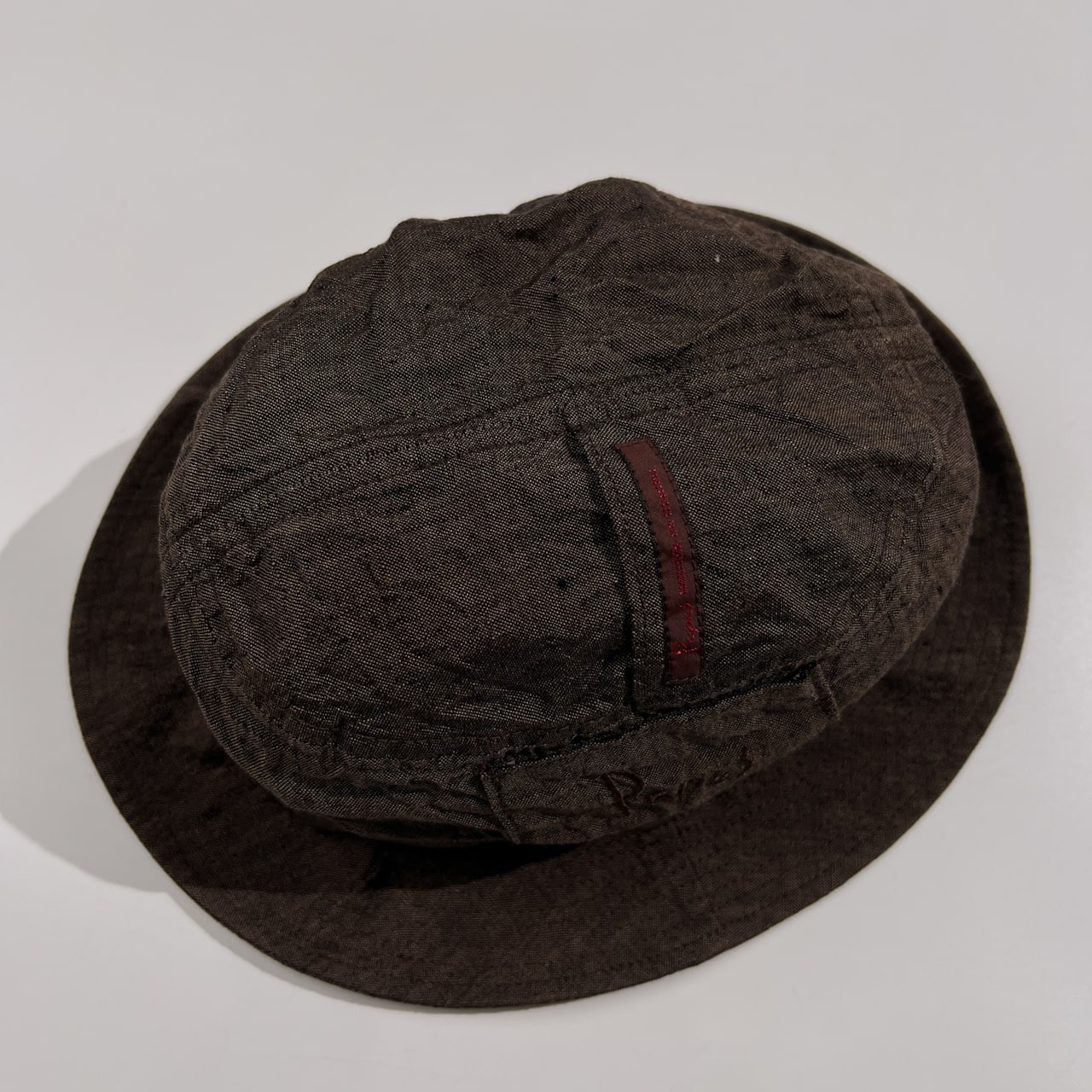 美品 麻100% PAPAS パパス ロゴ刺繍 リネン バケットハット 帽子/ブラウン/日本製