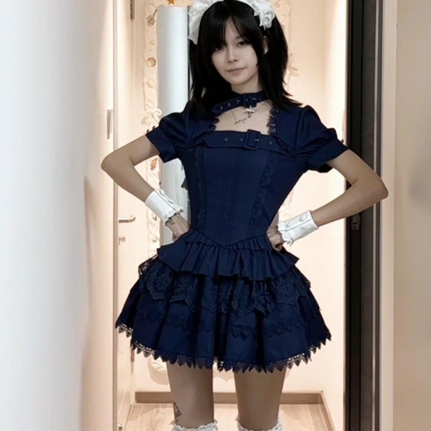 ロリータファッション ゴスロリネイビーメイド服5点セット | ロリィタ