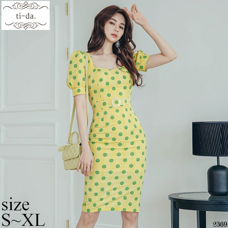 No 2369 韓国ワンピース きれいめワンピース 大人可愛いワンピース タイトワンピース ドットワンピース スリットワンピース イエロー グリーン レディース Ti Da 韓国ワンピース専門店