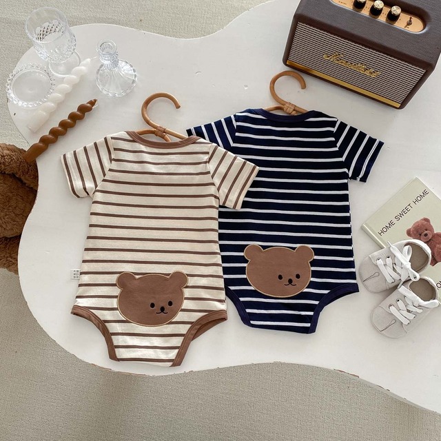 【BABY】くまモチーフストライプ半袖ロンパース - 12
