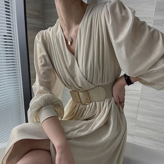 ワンピースドレス ワンピース レディース カシュクール Vネック シャーリング ベルト ウエストマーク おしゃれ スリット パーティ お呼ばれ 華やか ゴージャス シャンパン S/M/L