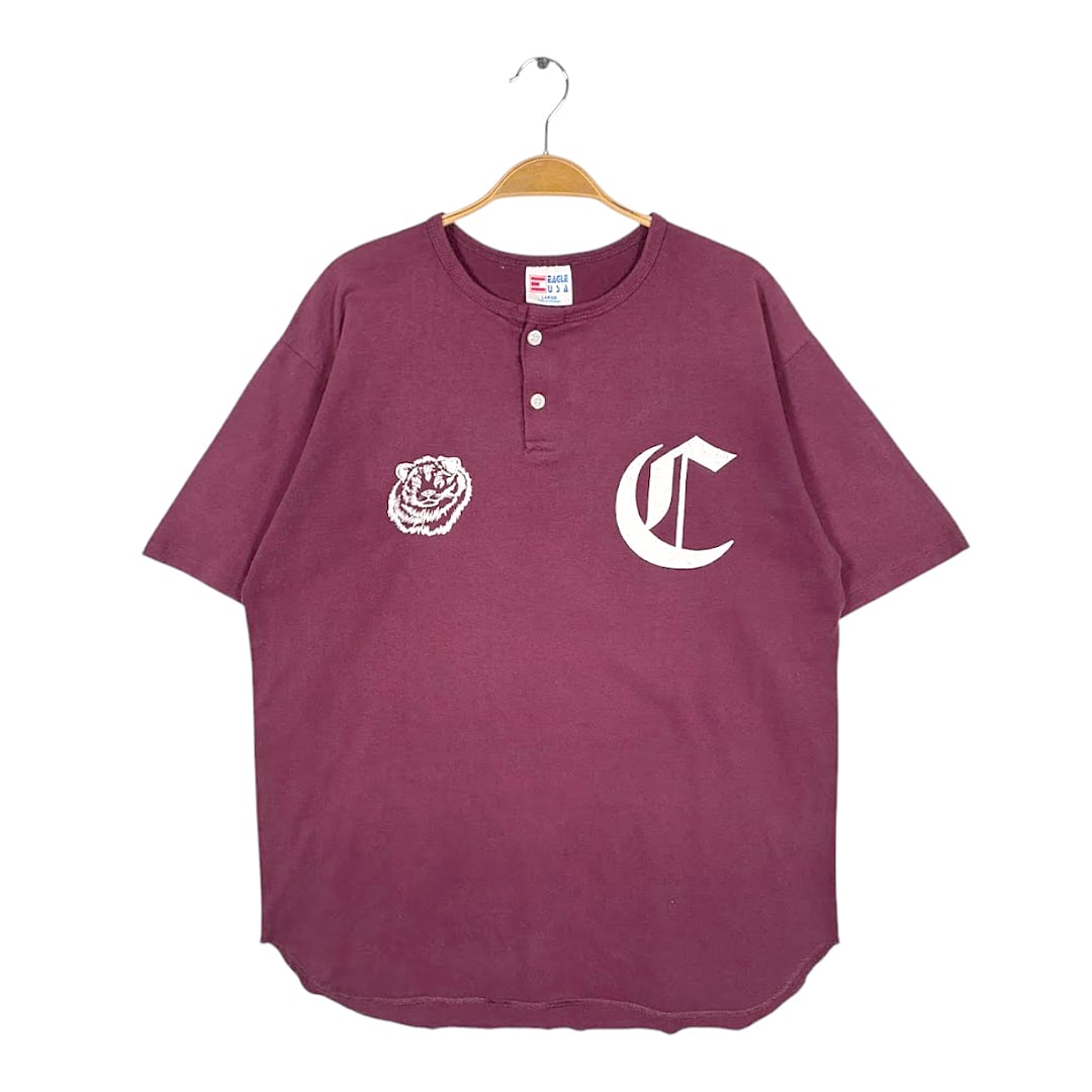 90s ヘンリーネック USA製 ヴィンテージ Tシャツ ベースボールTシャツ 背番号 カレッジ シングルステッチ バーガンディー EAGLE USA サイズL BZ0618
