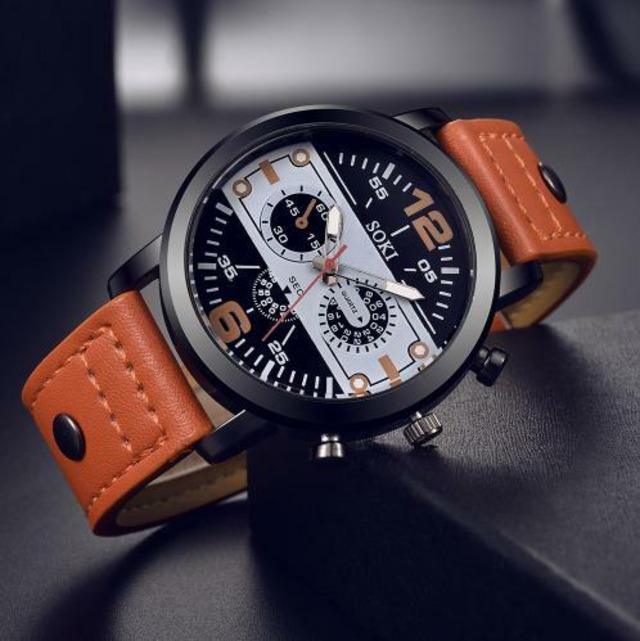 メンズ　腕時計　ビッグダイヤル　オレンジ　クォーツ時計　革　ミリタリー　スポーツウォッチ　高級　Lynn-84-orange