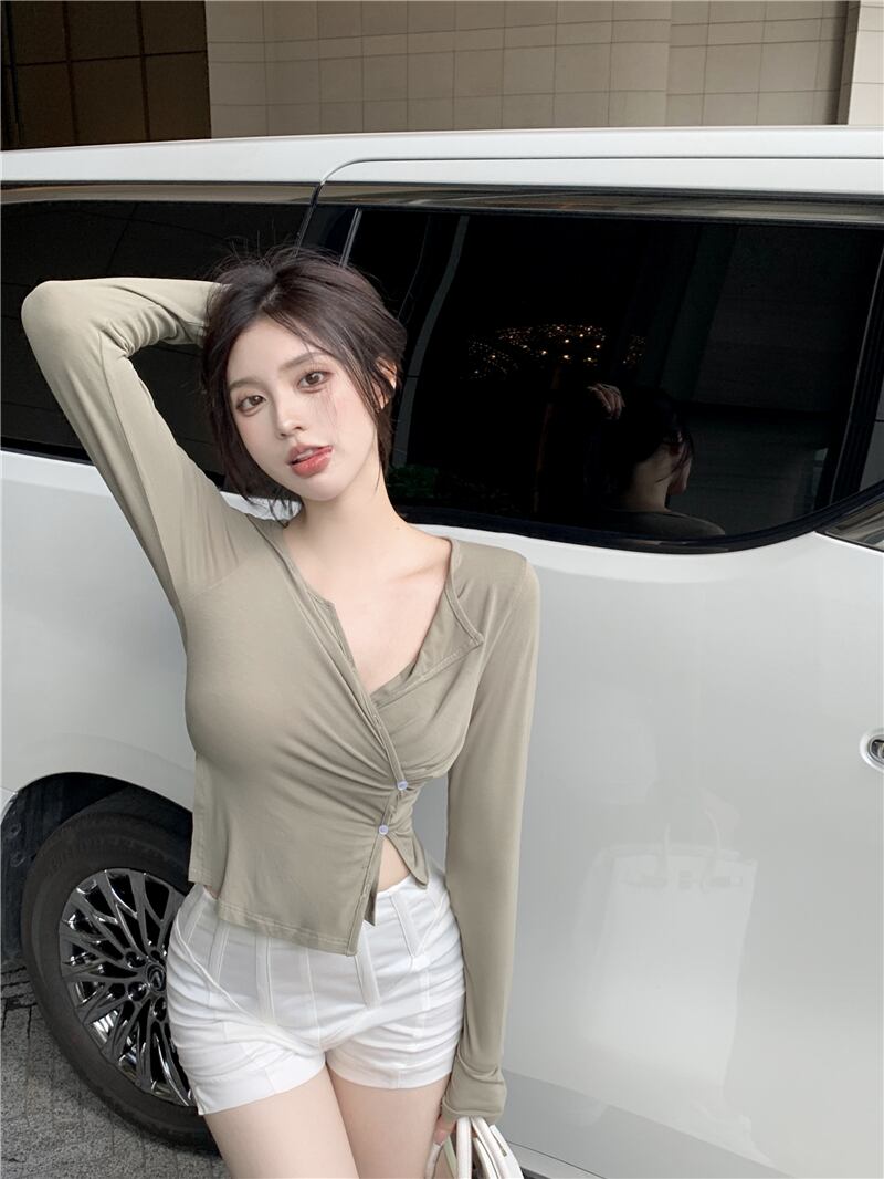 Tシャツ シャツ ショートVネックオータムトップス ロング 秋物 ピュア ブラックストロベリース29201723751