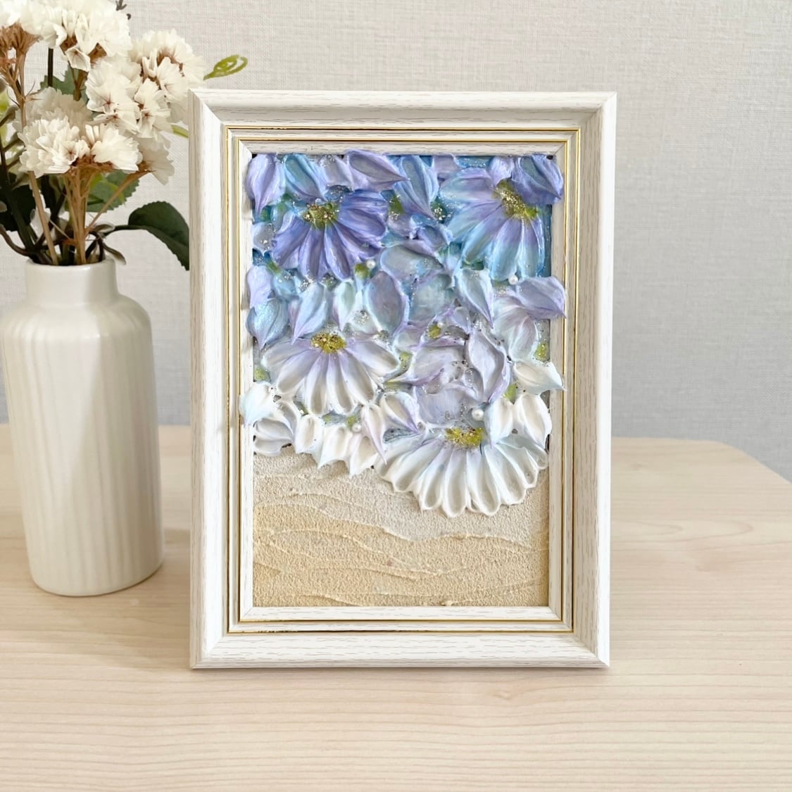 花海の窓」 18×13㎝ 海のテクスチャーアート 海のインテリア 額縁