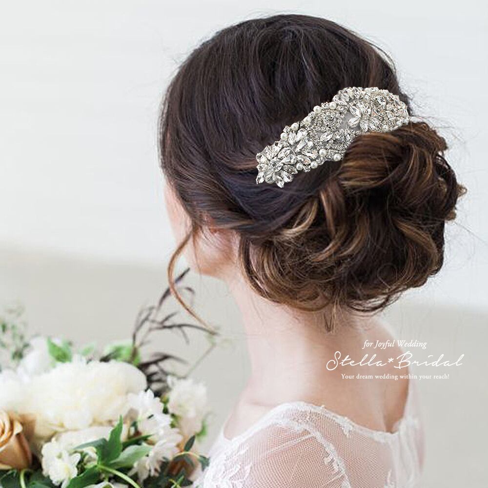 受注生産品 スワロフスキー使用 パールとビジューのクリスタルボンネ フルールクリア ウェディングヘアアクセサリー Stella Bridal オシャレ花嫁さま御用達ウェディングアクセサリーショップ ステラブライダル