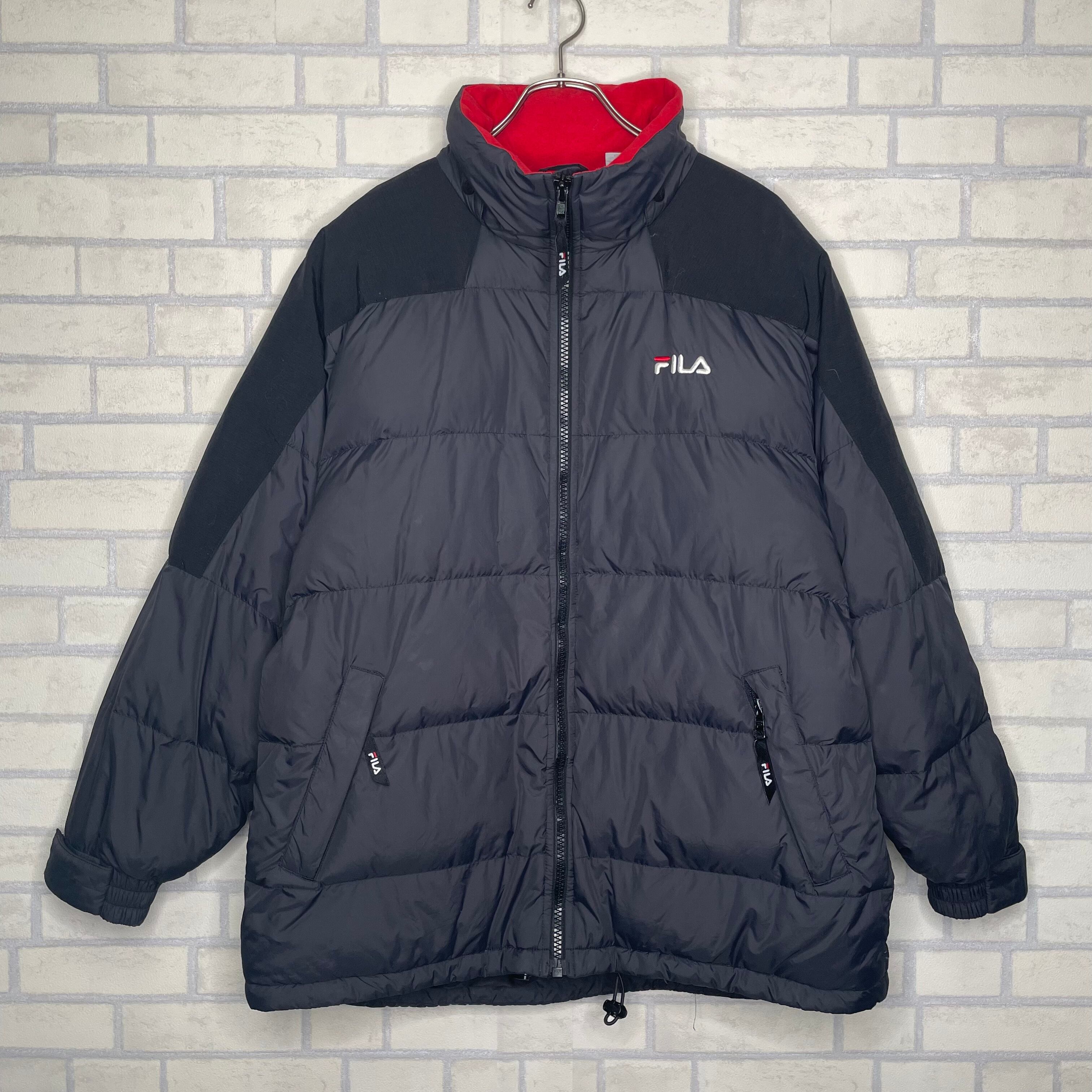 FILA ダウンジャケット M ネイビー ブランド刺繍 フルジップ ポケット  