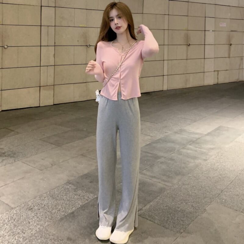 サマースタイルスリムニットカーディガン薄手ハイウェストウェストカジュアルパンツ レディース ロング 夏物 シルク YY-ファッション46076156928