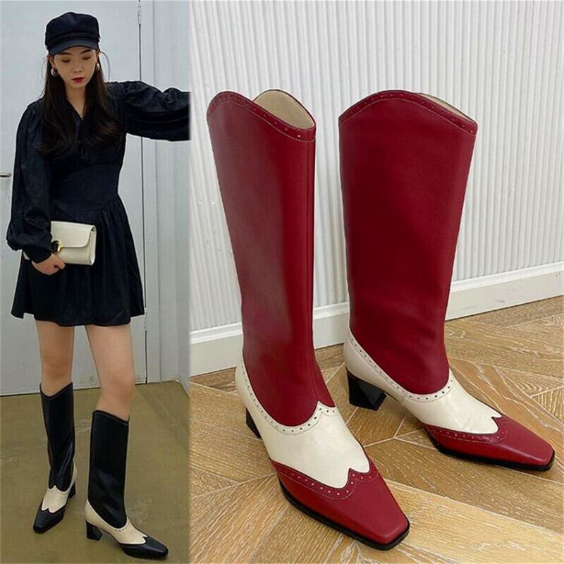 【新作】【送料無料】 カラーマッチング焦げた花女性のブーツ黒赤奇妙なハイヒールのブーツハイヒールのブーツ冬の女性のファッションブーツ レッド ブラック 靴 シューズ ウィンター 冬物 フラワーデザイン 10b357121253400