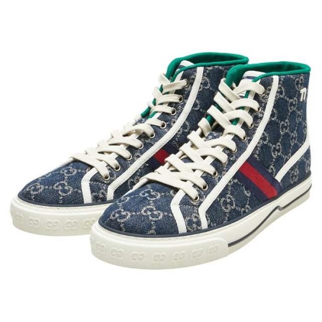 グッチ GGキャンバス TENNIS 1977 ハイカットスニーカー サイズ:8+ ネイビー グリーン キャンバス メンズ GUCCI 【中古】