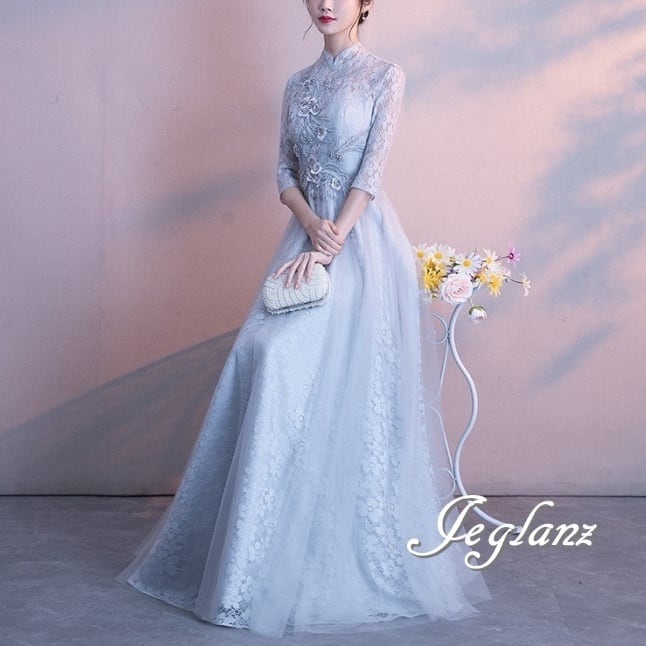 パーティ イブニングドレス 花 モチーフ 透け感 スタンドカラー 7分袖 ( M5128)ζ