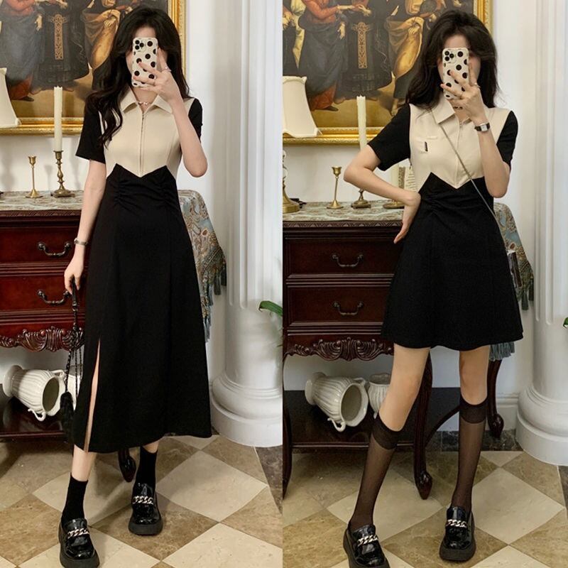 【新作】【送料無料】 コントラストカラーのポロカラージッパードレス女性のための夏 2023 新しいスプライシングデザインウエスト痩身スリットスカート 0289492828161