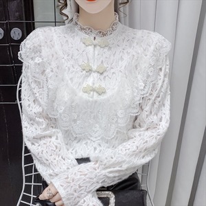 【送料無料】 レースブラウス チャイナ風 長袖 エレガント系 きれいめ 大人可愛い フリル 透け感 シースルー こなれ感 プチプライス 20代 30代 春 レディースファッション 可愛い お出かけ 女子会 デイリーユース お茶会 お呼ばれ