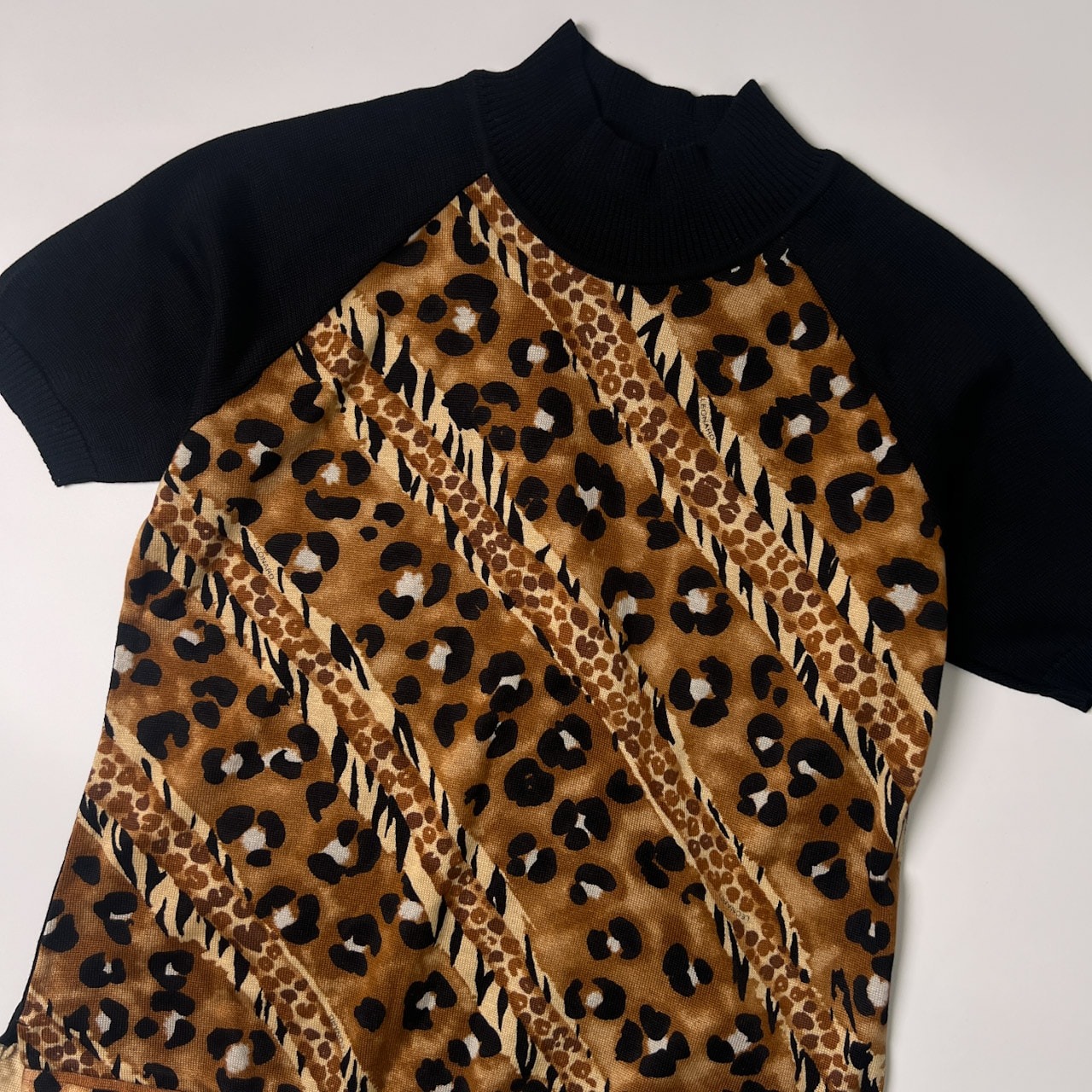 LEONARD SPORT レオナールスポーツ 切替 レオパード コットンニット 半袖セーター 40/ブラック