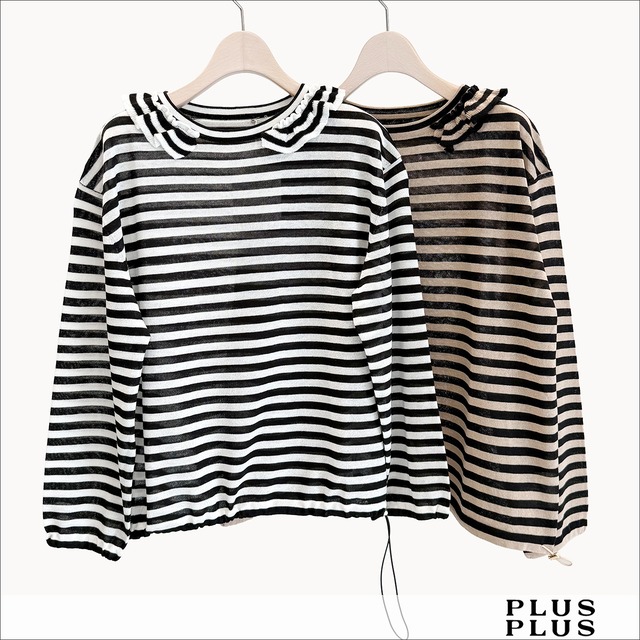 PLUS PLUS ボーダーニットプルオーバー(ホワイト/ブラウン)