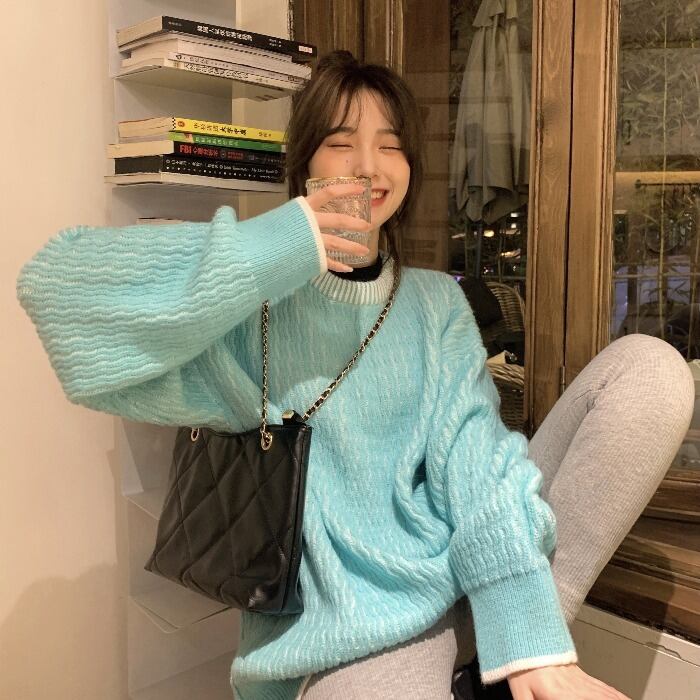 オータムウィンタールーズブルーラウンドネックプルオーバー セーター ブラウス 秋物 冬物 Oネック 萌量不足37451227028