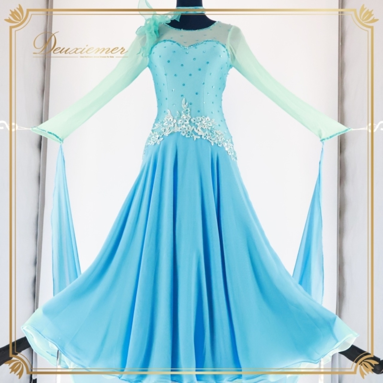 社交ダンス 衣装 スタンダードドレス スタンダード ドレス ワンピース 水色 フロート レース デモ 競技 パーティ 発表会 綺麗 ブルー系 おしゃれ  コスチューム 大人用 フェミニン ストレッチ