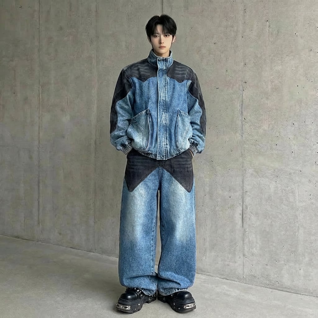 バイカラーパネル レトロデニムセットアップ D12196