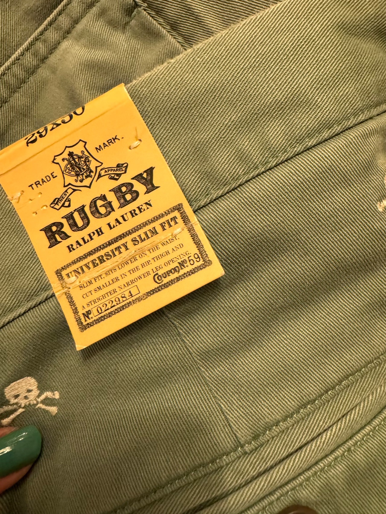 RALPH LAUREN RUGBY スカル刺繍グリーンチノパンツ