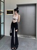 2024 秋冬 パンツ モップパンツ ロングパンツ ワイド ハイウエスト 脚長効果 美脚効果 細身 細見え 夏春 カジュアルフィット かわいい 韓国系ファッションサイド 加工レディース お出かけ