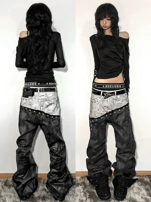 【ROLLINGMONEY】Deconstructed Coated Flare Denim Pants 【ROLLINGMONEY】Deconstructed Coated Flare Denim Pants