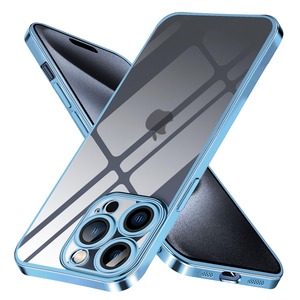【在庫のみ】iPhone 15 Pro Max 用 ケース クリア レンズ保護 TPU 透明 耐衝撃 軽量「改良モデル」 2023新型 ストラップホール付き ワイヤレス充電 アイフォン 15pro max 用 カバー 6.7インチ スマホケース ブルー
