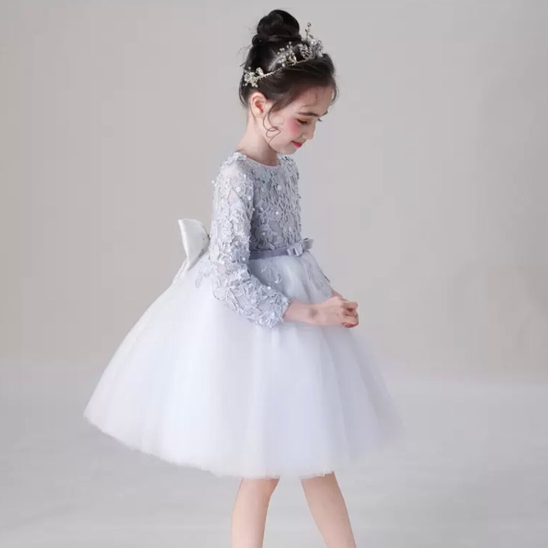 2色 子供服 80〜160 ミディ丈 ドレス 長袖 レース 花 刺繍 送料無料 