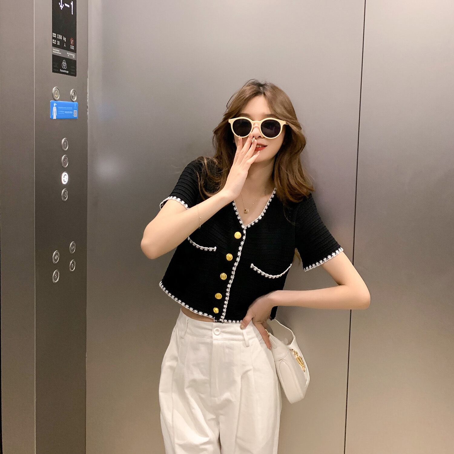 Vネックショートニットカーディガンサマースタンダードハイウェストウェストブラウス レトロ 夏物 6Du_Shop_Women74823557726