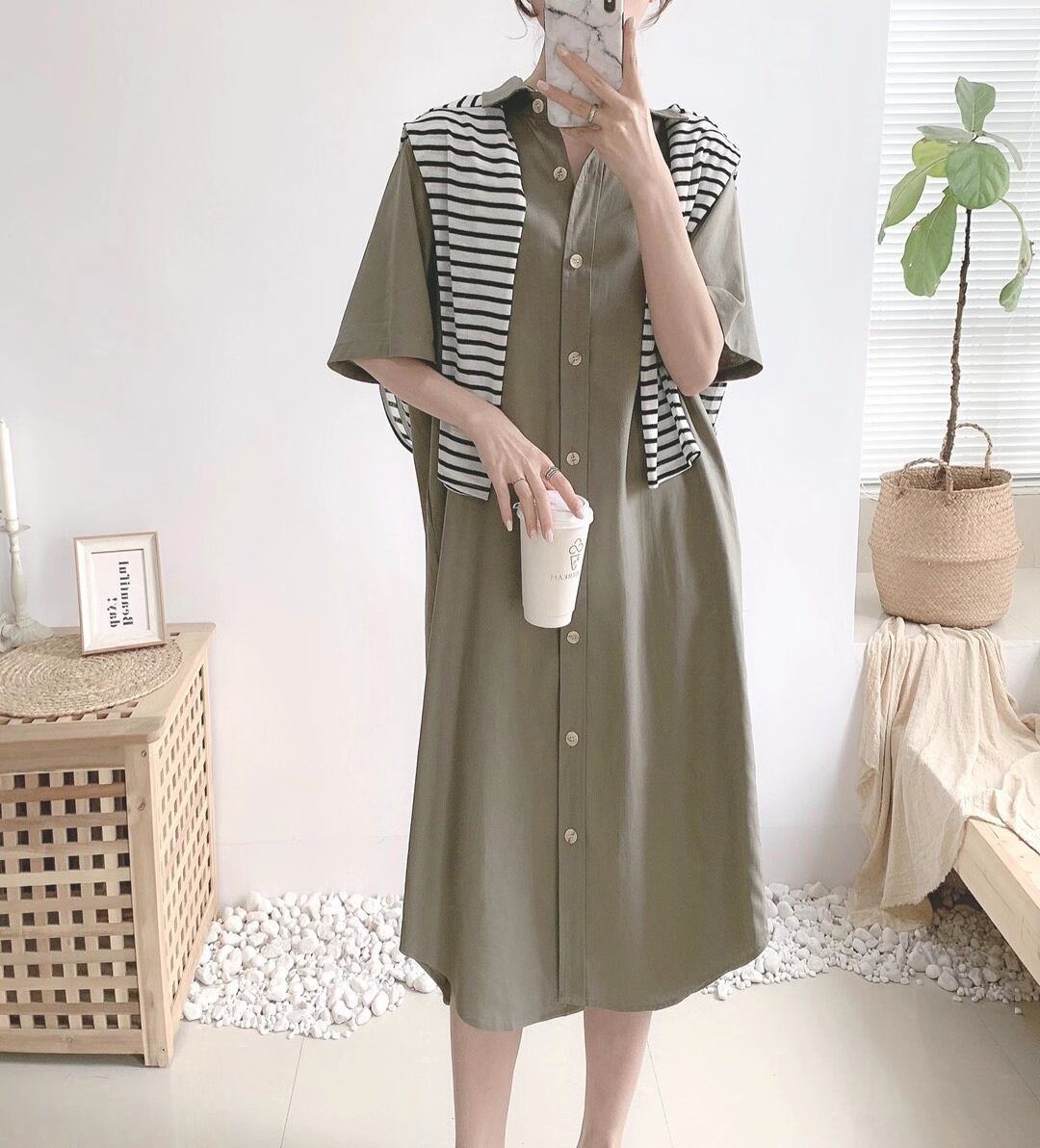 リネンブレンド　シャツワンピース　AJ33167-6103