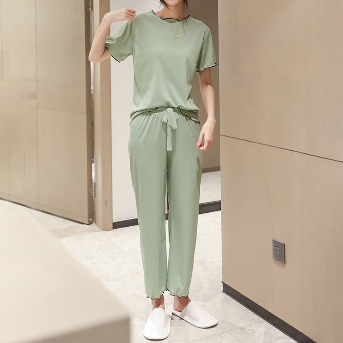 パジャマ セットアップ レディース 春夏 韓国 ルームウェア 接触冷感 リラックス 涼しい ゆったり きれいめ 部屋着 大人 かわいい メロウフリル 通気性 薄手 冷感 大人可愛い 大人女子