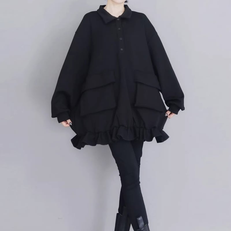 シャツカラー フリルヘム オーバーサイズ プルオーバー 1color PU0486
