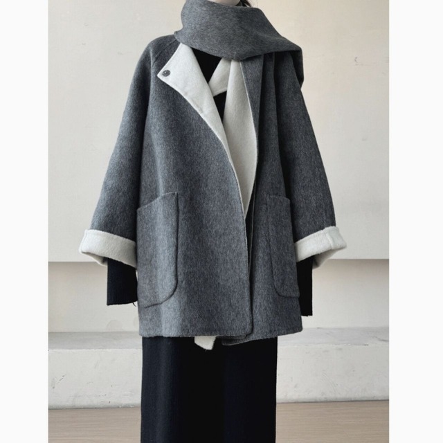 Loose collarless coat and muffler set【2color】 C0868