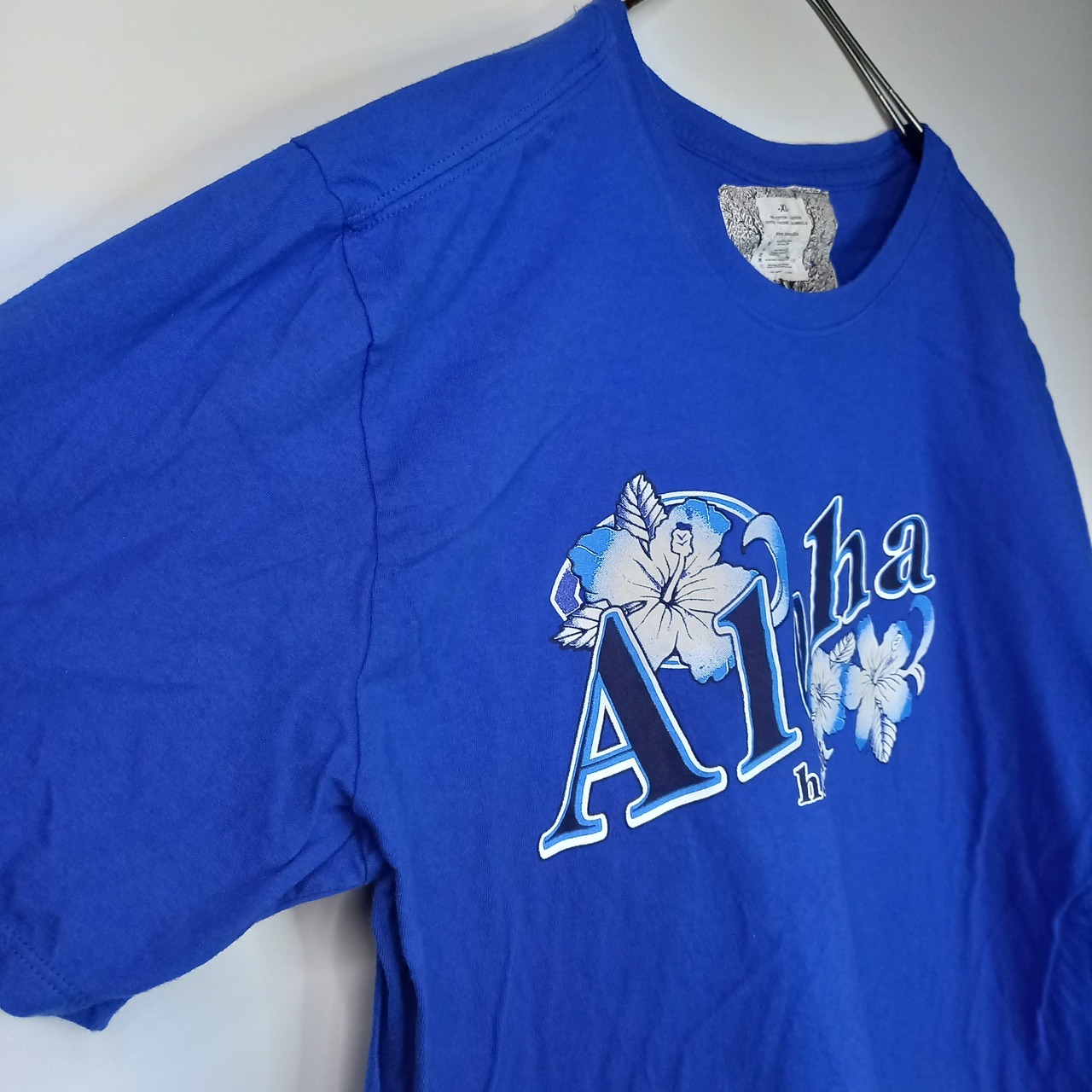 アロハ　クルーネック　プリントTシャツ　ビッグプリント　半袖　ブルー　XL
