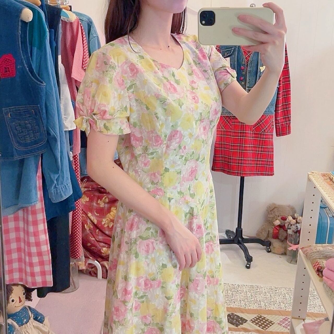 yellow pink flower ribbon sleeve one-piece