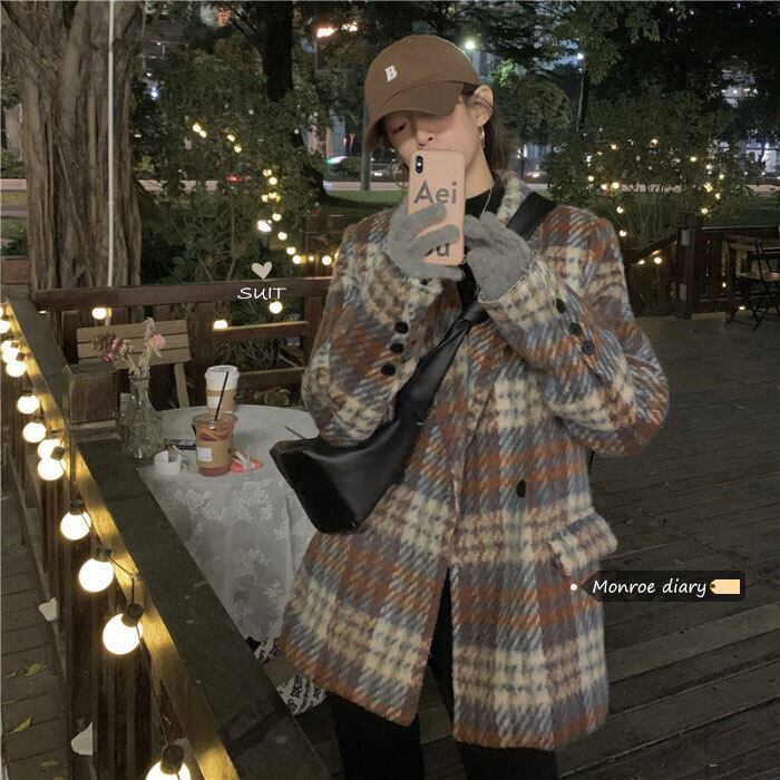 スタンダード格子柄ジャケット レディースルーズ レトロ スプリング 春物 ウィンター 冬物 モンロー82093645228