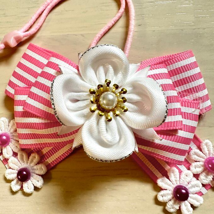 犬猫チョーカー 小サイズ しましま ピンク リボン 犬用 猫用 数量限定