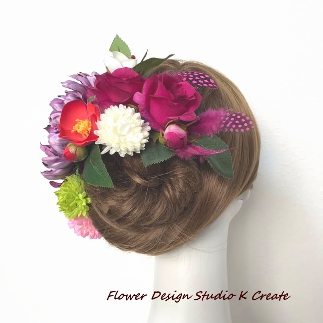 成人式・卒業袴・和装婚に|紫の大輪菊と薔薇の着物髪飾り 12点セット(羽付き)|前撮り・白無垢・色打掛・結婚式ヘッドドレス