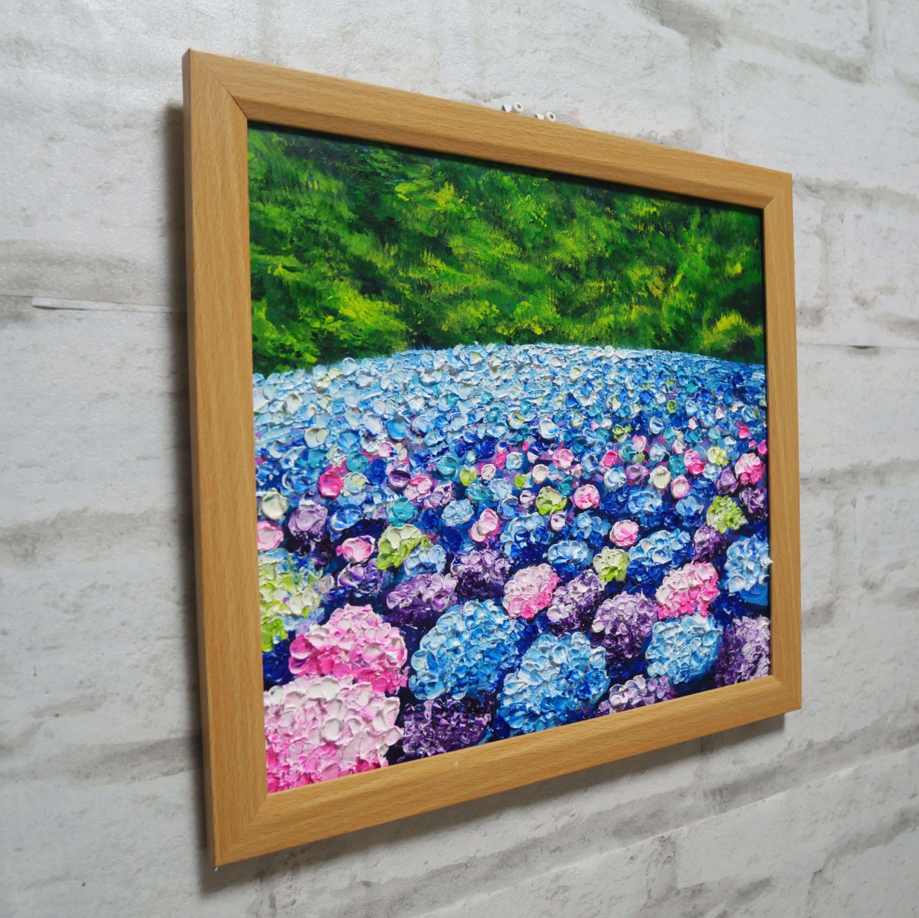 油絵 原画】雨雫が奏でる色彩のワルツ｜紫陽花 あじさい アジサイ 梅雨
