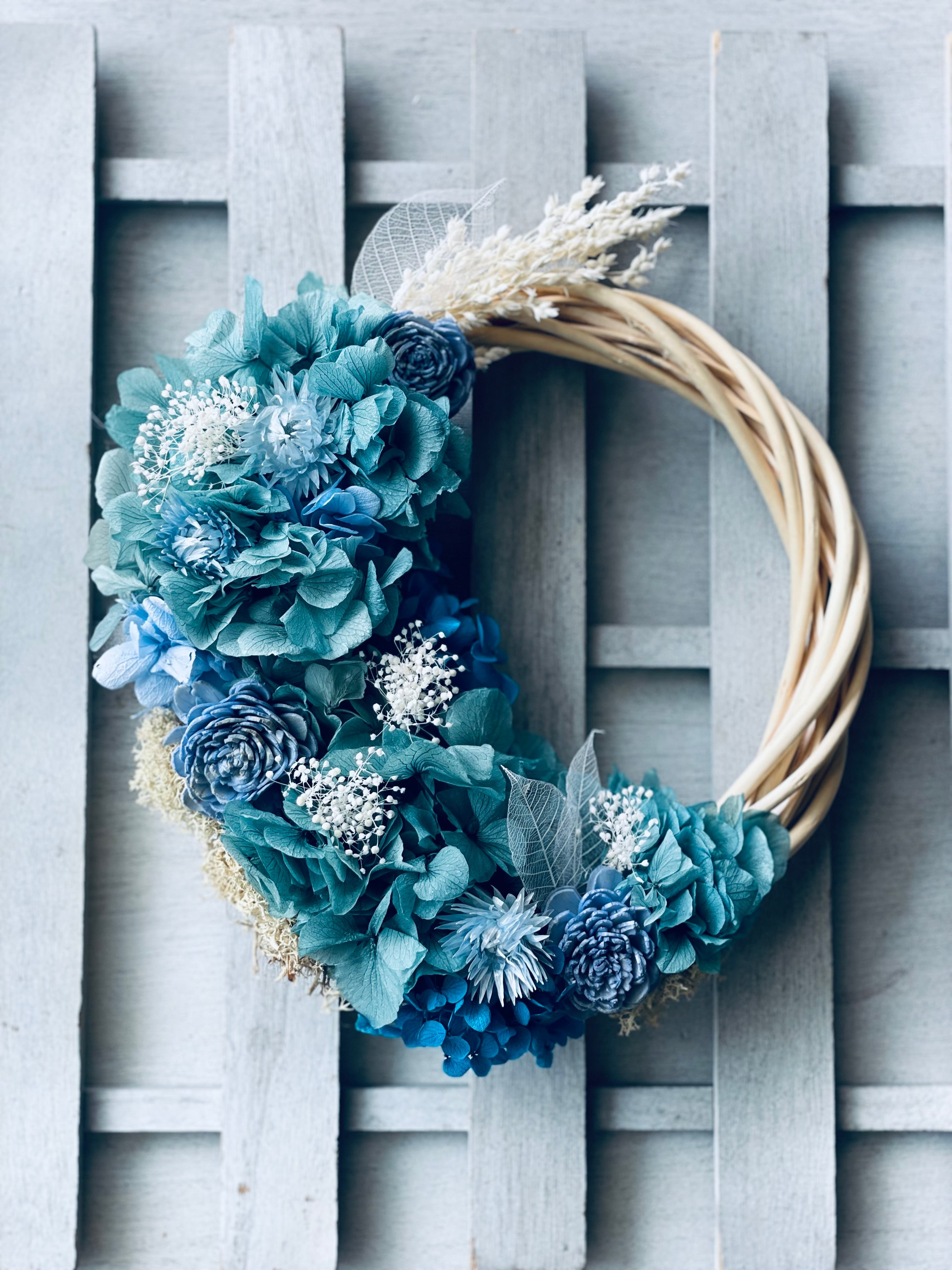 3種類のブルーカラー紫陽花リース 結婚祝い 開店祝い 退職祝い