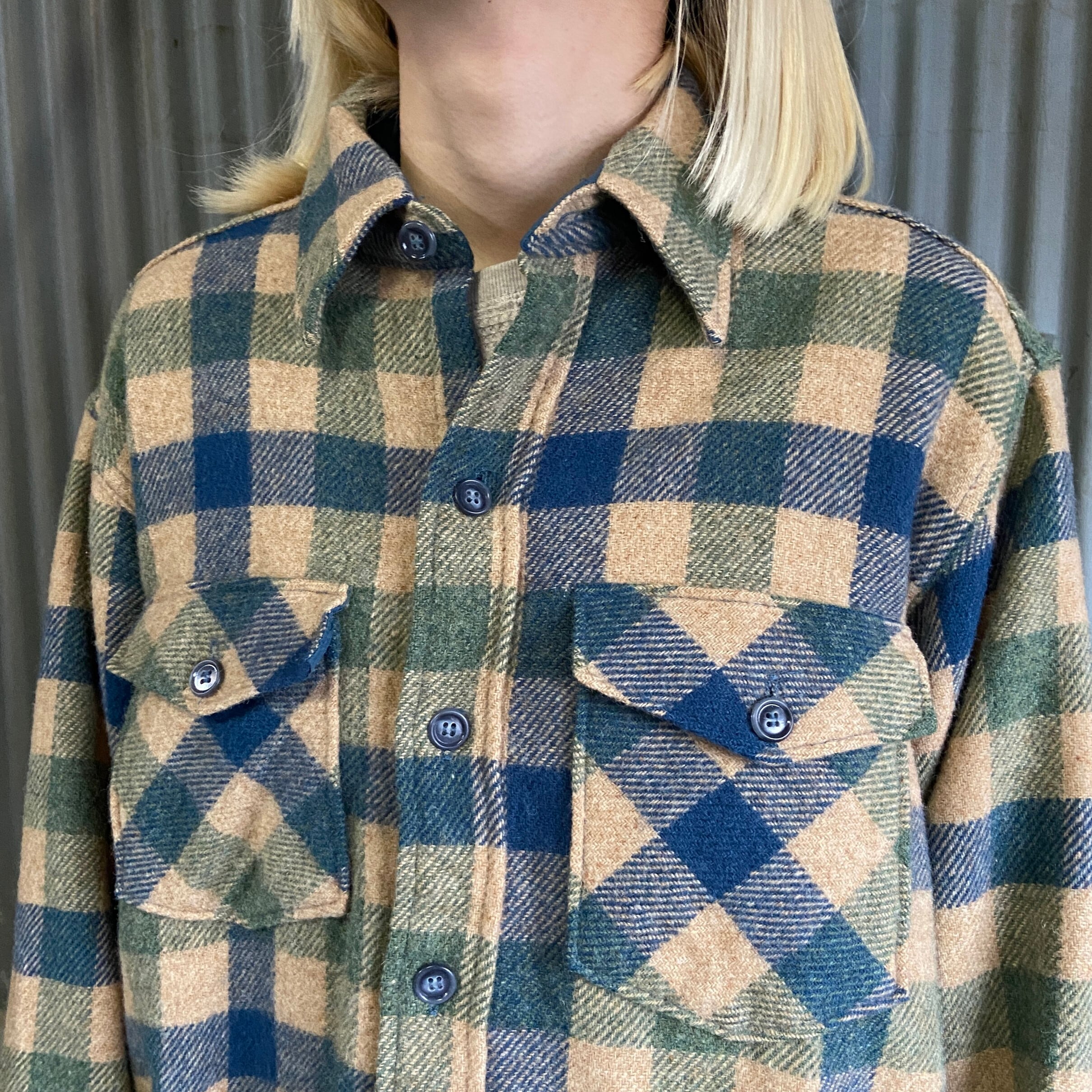 70年代 USA製 WOOLRICH ウールリッチ チェック柄 ウールシャツ メンズM 古着 ヴィンテージ ビンテージ 70s  ベージュ×ブルー×グリーン【長袖シャツ】 | cave 古着屋【公式】古着通販サイト