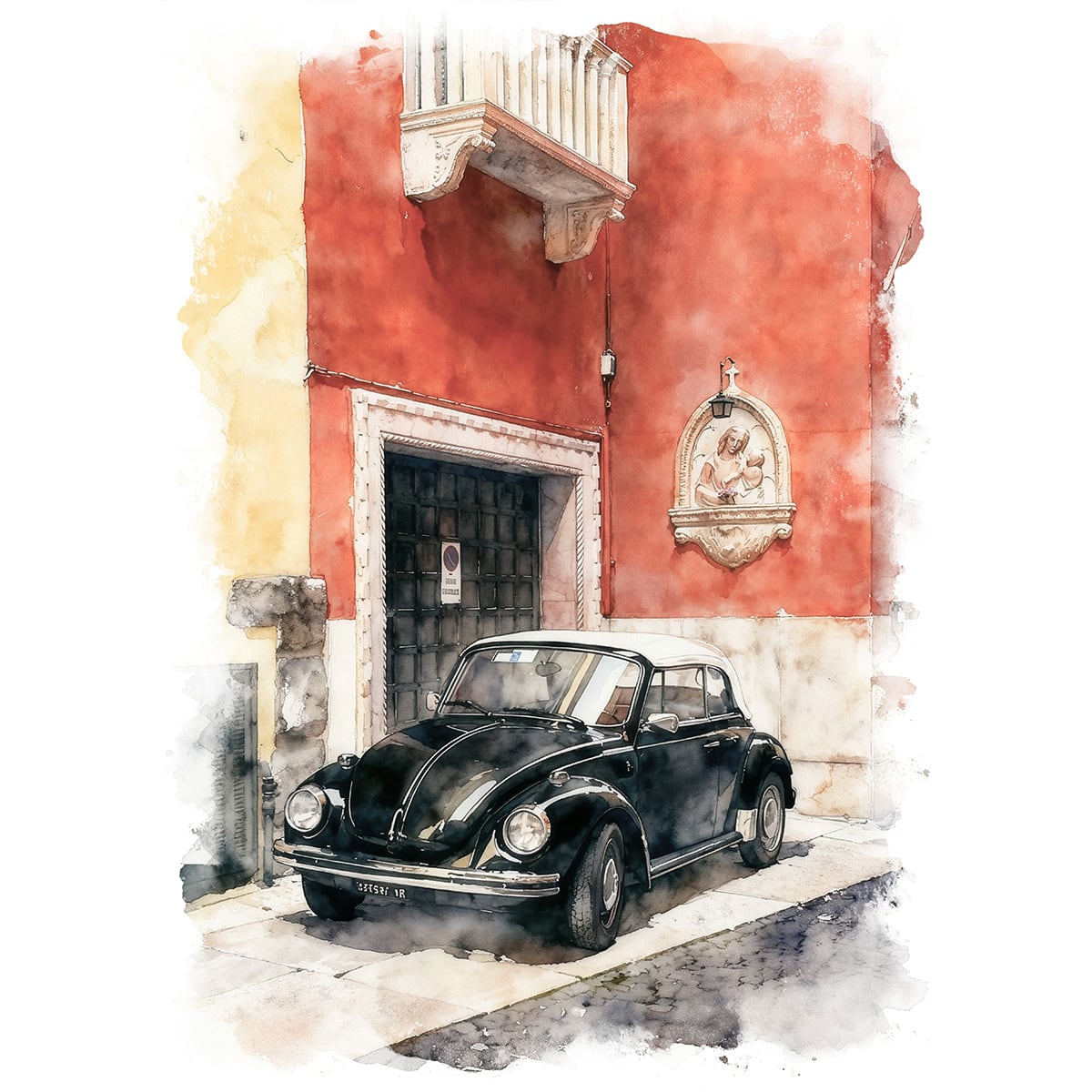 絵画 イタリア 街中に停められたフォルクスワーゲンビートル インテリアアート額付き 水彩画・油絵風 WAT0008