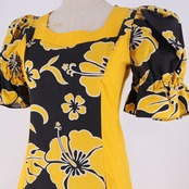 フラダンス 衣装 ワンピース ドレス Lei lani イエロー系 ハイビスカス柄 ツートーン パフスリーブ フリル ブラック系 ロングワンピース 華やか 鮮やか 派手 可愛い ハワイアン アロハ ハワイアンプリント フラ ダンス レッスン 練習