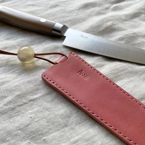 ペティナイフ＆革カバーセット　ピンクカラー×樹脂ビーズ（乳白色）