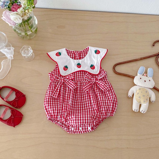 【BABY】ストロベリー刺繍チェック襟付きロンパース - 10