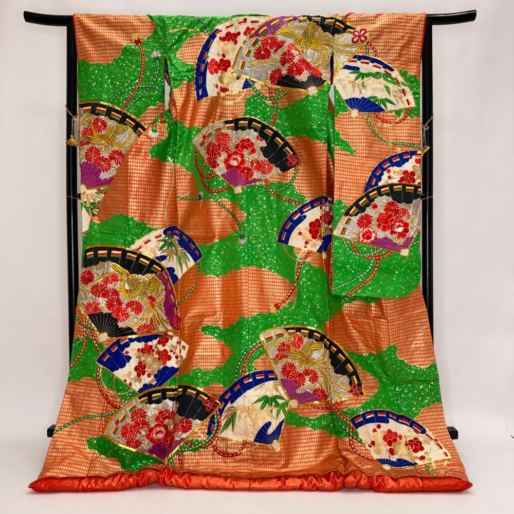 色打掛 正絹 鶴 刺繍 緑 打掛 花嫁衣裳 ポリエステル リサイクル 中古 ブライダル ウエディング 着物 6092