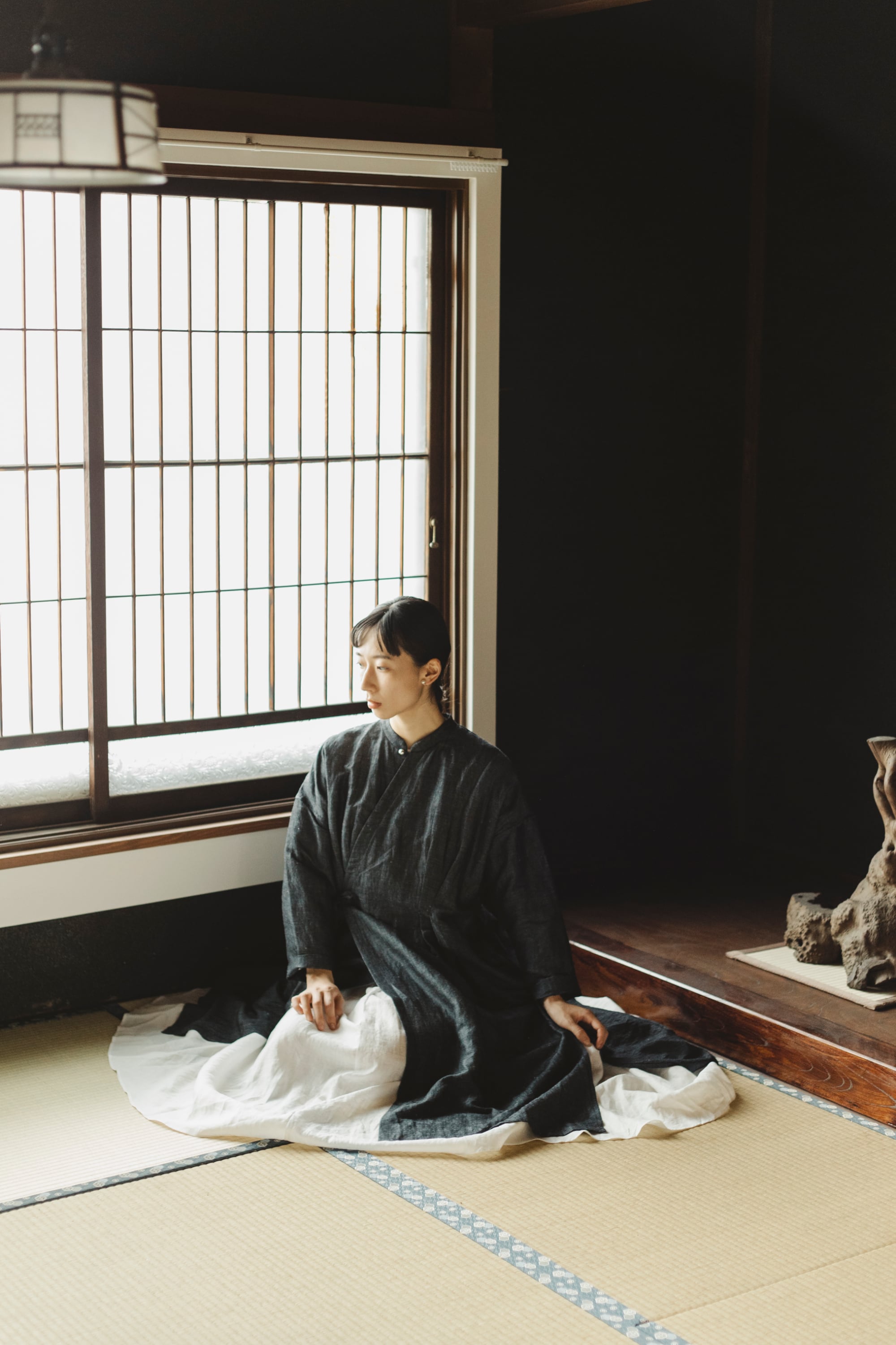 バンブーリネン羽織ドレス(ネイビーグレー) |Bamboo linen haori coat dress (Navy gray)