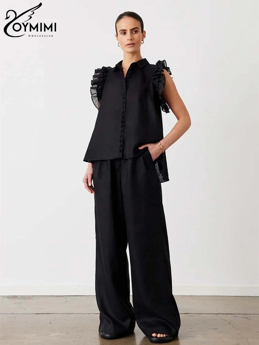 Yomimi-レディースシングルブレストノースリーブフリルショーツとシンプルなパンツセット、エレガントなコットン、ブラックファッション、2ピース